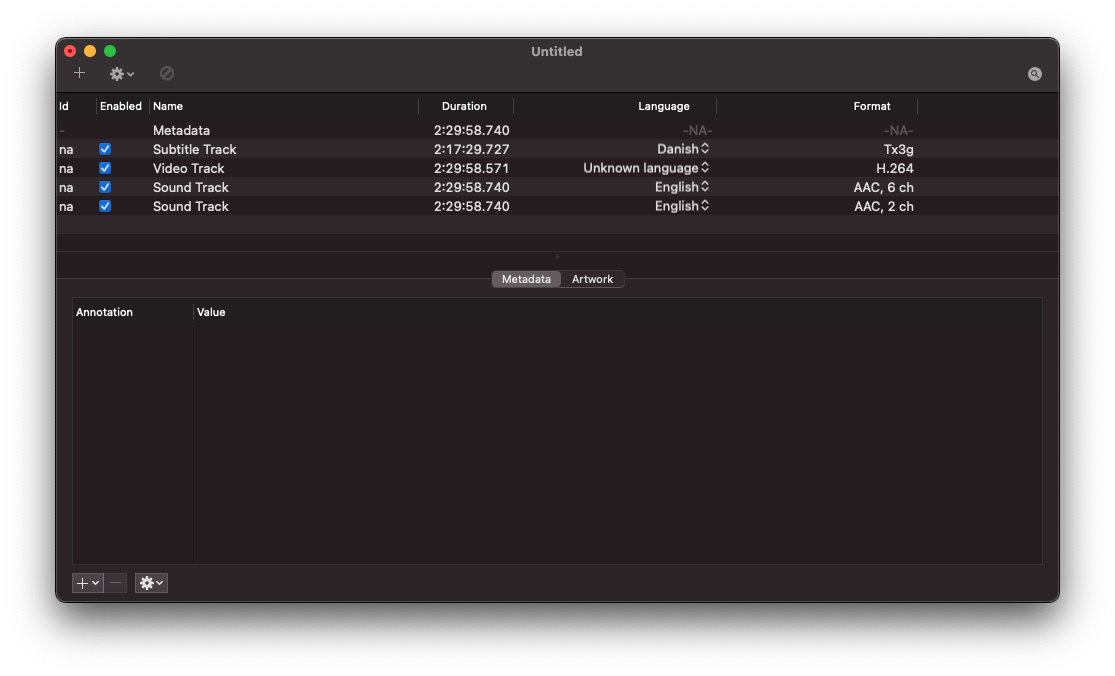 자막이 포함된 컨테이너 세부정보