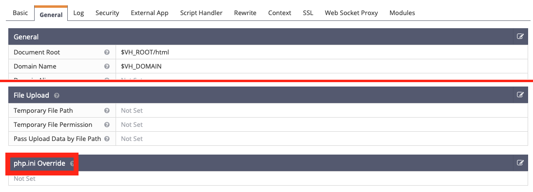 OLS의 vhosts -> General -> php.ini override